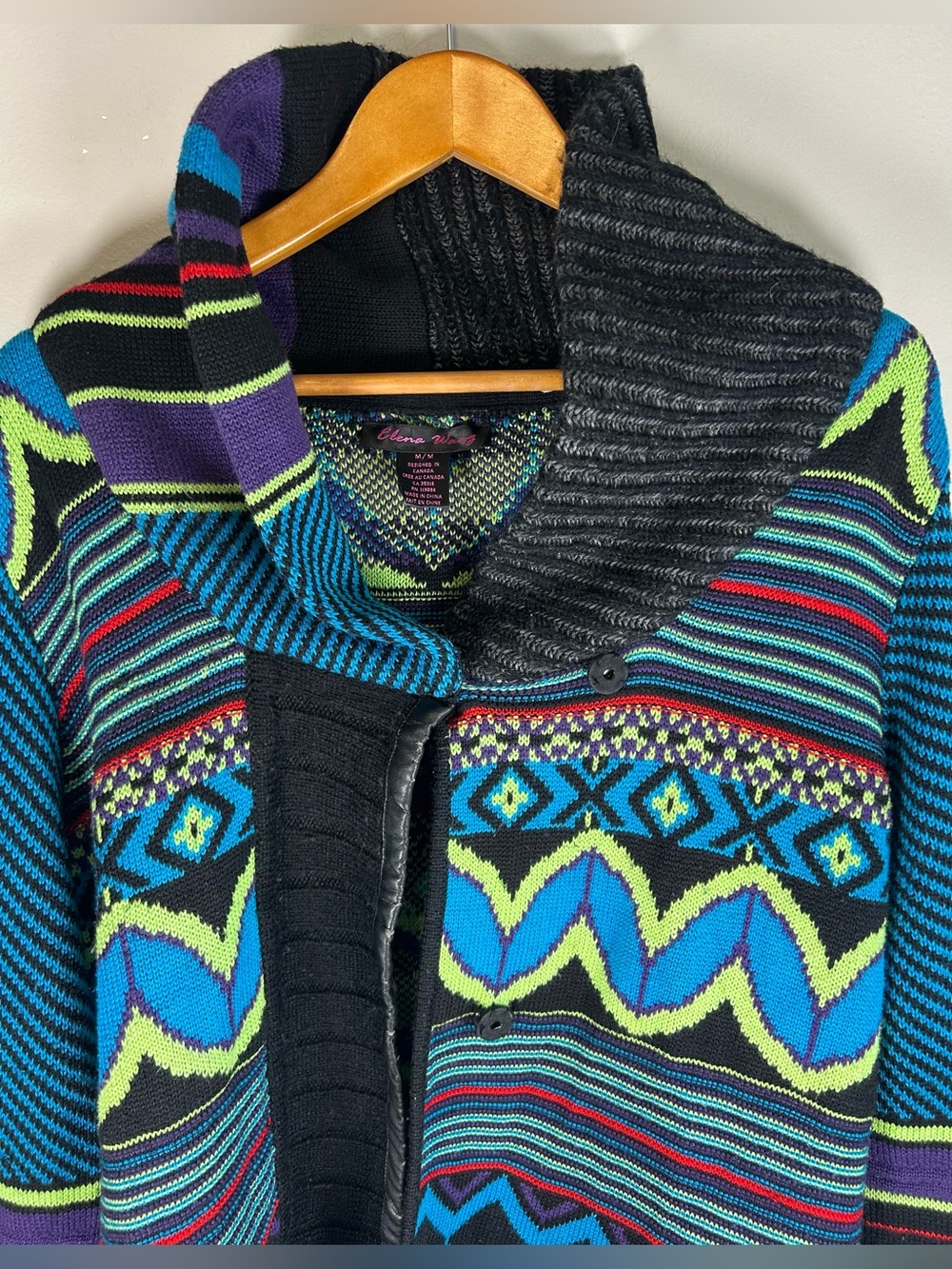 Elena Wang Womens Knit Cardigan Blanket Coat Sz M Southwestern Aztec Neon Colors - Picture 5 of 11